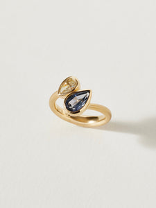 Twisted Toi et Moi with Pear Cut Diamond and Sapphire in 14k Blonde, Size 6