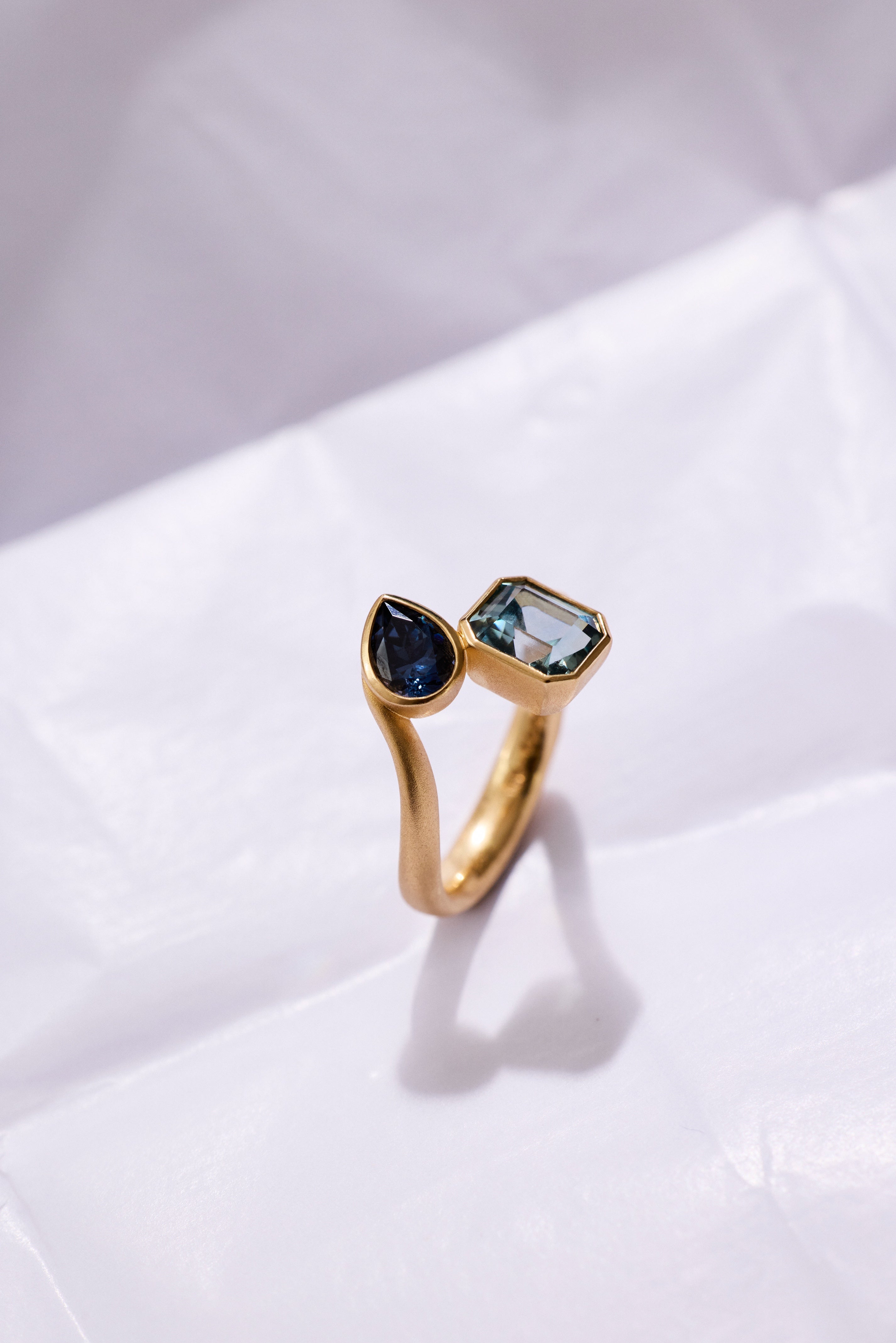 Toi et Moi Featuring 2.01ct Montana Sapphire & .90ct Pear Spinel in 18k Royal Yellow, Size 6.5