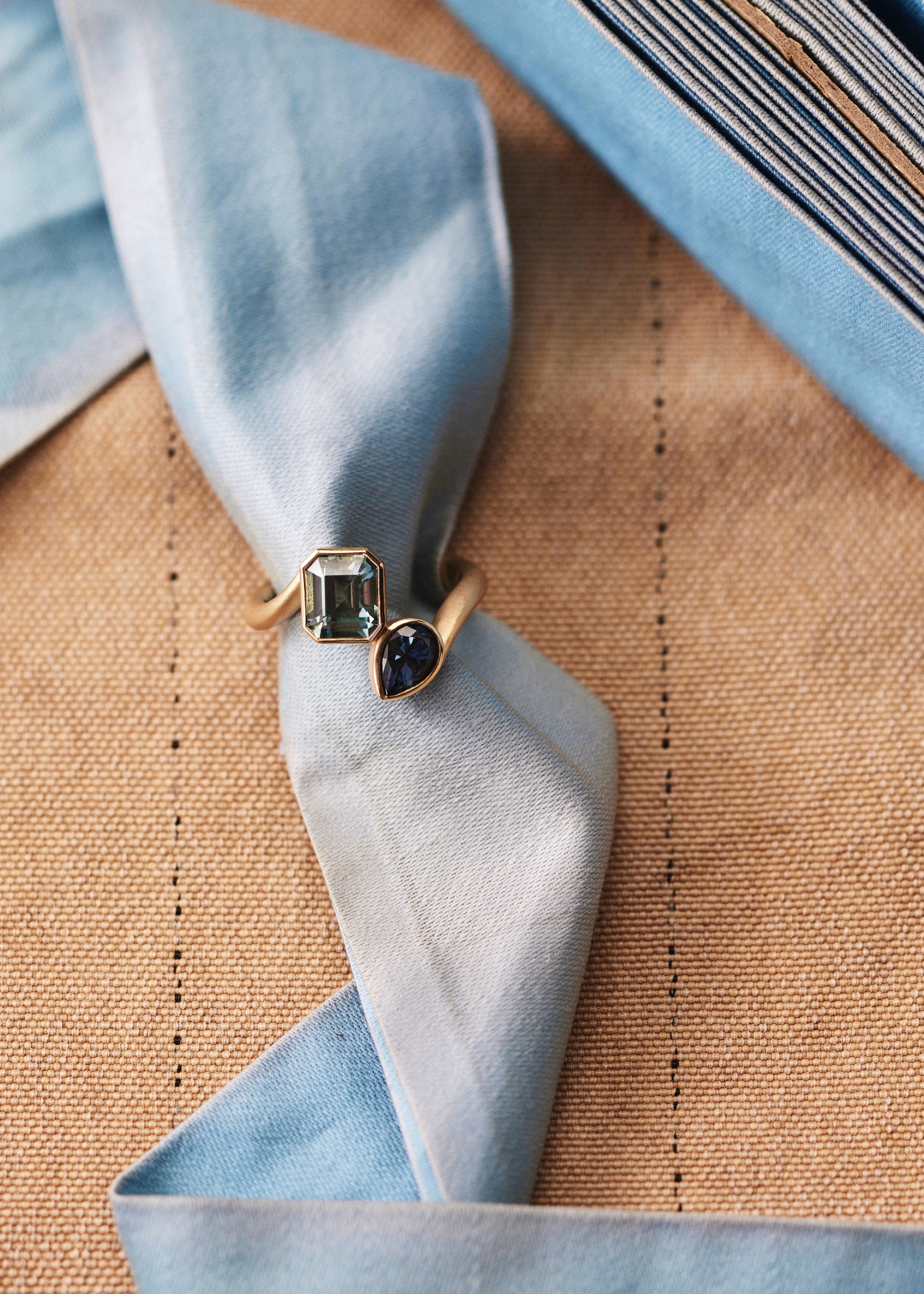 Toi et Moi Featuring 2.01ct Montana Sapphire & .90ct Pear Spinel in 18k Royal Yellow, Size 6.5