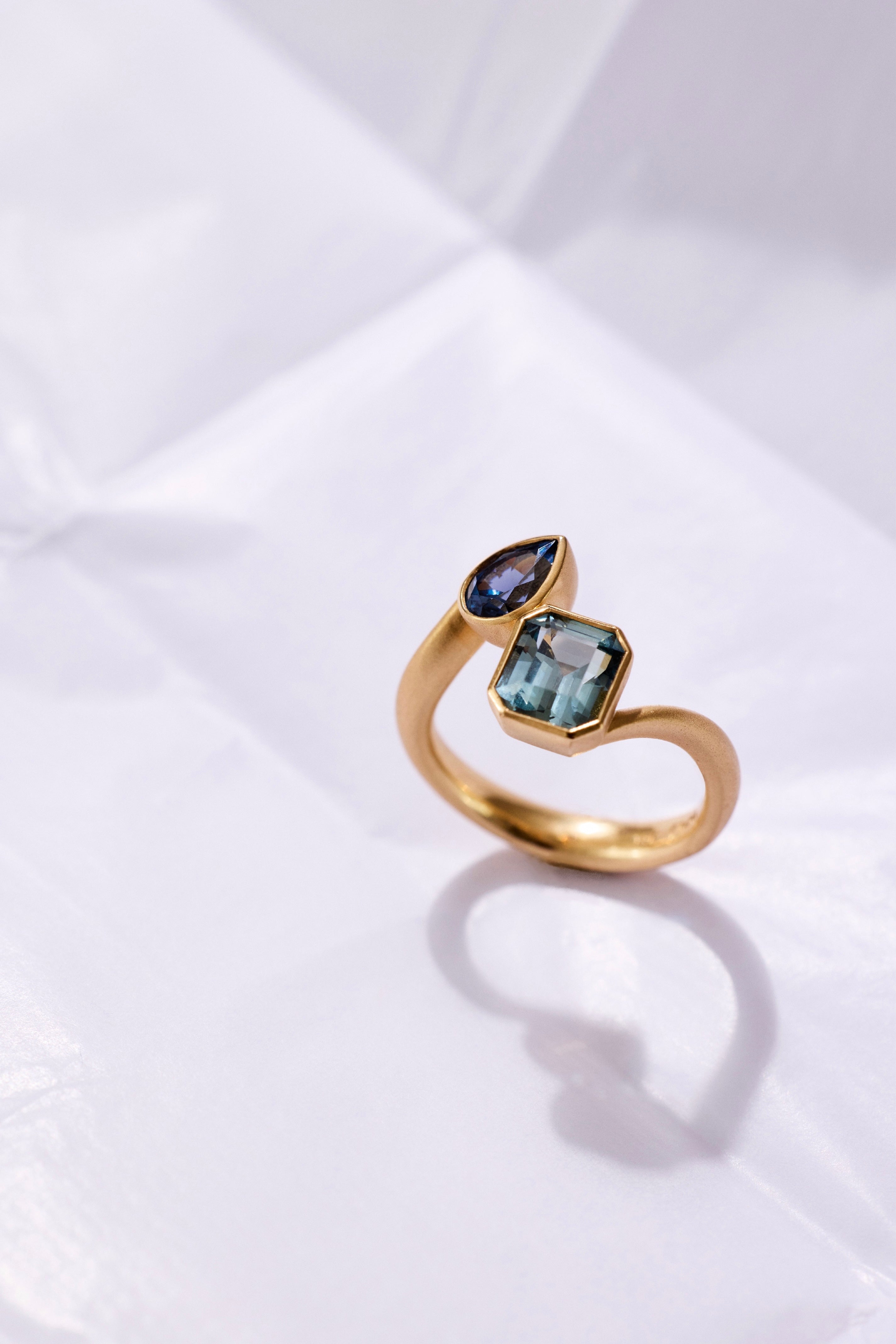 Toi et Moi Featuring 2.01ct Montana Sapphire & .90ct Pear Spinel in 18k Royal Yellow, Size 6.5